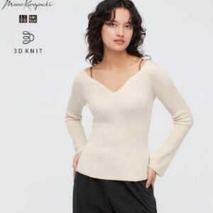Uniqlo x Mame Kurogouchi V neck Long Sleeve Sweater Top Cream
